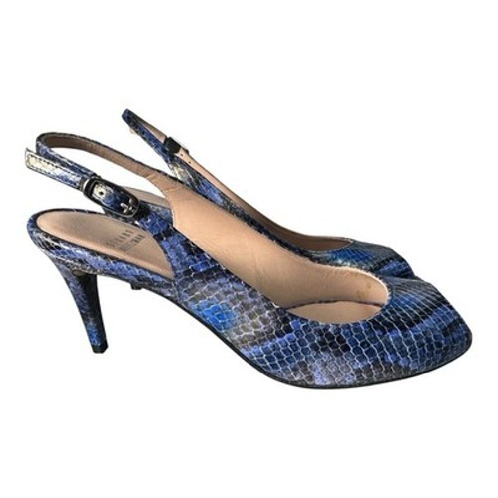 Stuart Weitzman Blue Snakeskin Leather Peep Toe Slingback Heels Made in Spain 8N